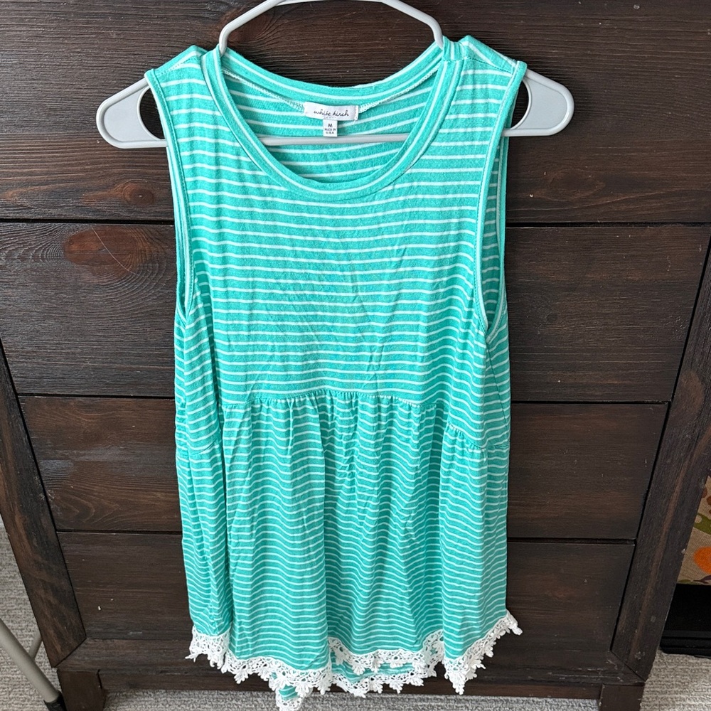 White Birch Aqua Striped Tank Top with Lace Hem